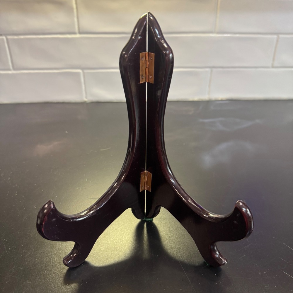 Wood Plate Stand Display Easel 8 Inch Dark Mahogany Brown Folding Curved Hinge